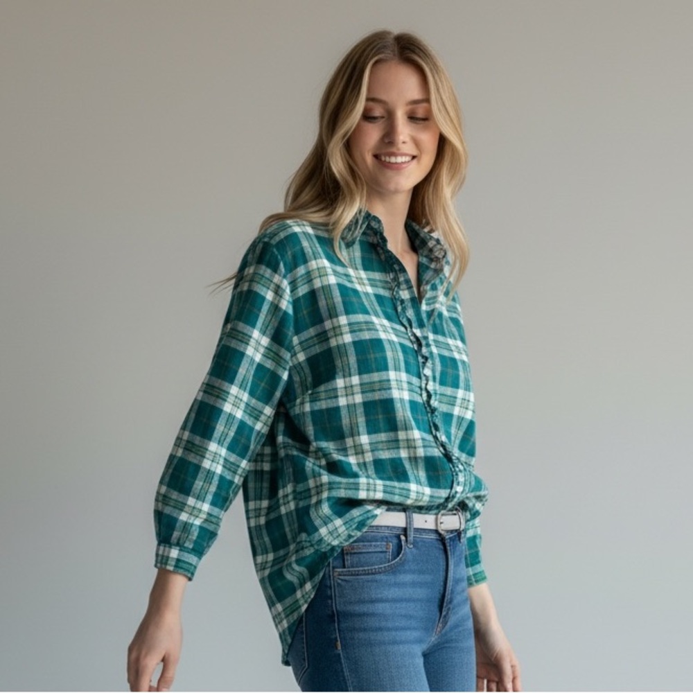 LOFT Green Plaid Ruffle High‎ Neck Ruffle Front Button Down Shirt NEW Size Large